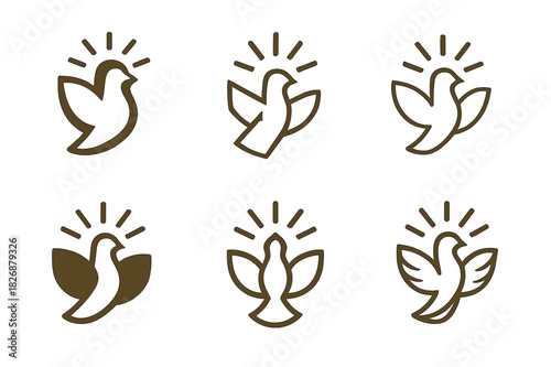 Theological Evolution Icons. The evolution of Christian theology. Icon set. Set Logo of the evolution of Christian theology: dove with light. harmonious logo