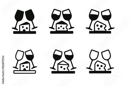 Wine and Cheese Icons. Arranging a Wine and Cheese Evening with Friends. Icon set. Set Logo of celebration: clinking glasses with cheese board