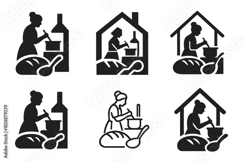 Rustic Kitchen Icons. A farmer?s wife cooking a hearty meal in a farmhouse kitchen. Icon set. Set Logo of rustic home life: loaf of bread and ladle. harmonious