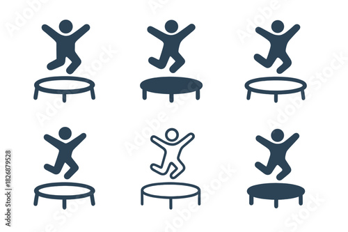 Trampoline Fun Icons. Jumping on a trampoline in a backyard. Icon set. Set Logo of outdoor fun: happy jump motion symbol. harmonious logo variations of the