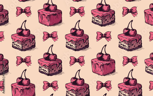 Patrón sin fisuras de deliciosos pasteles de cereza y lazos rosados sobre fondo beige.