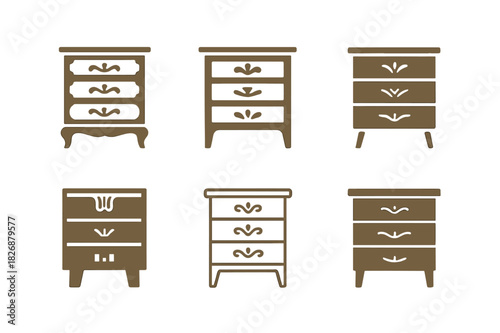 Vintage Craftsmanship Icons. Restoring antique furniture and home items. Icon set. Set Logo of vintage craftsmanship: restored dresser with detail. harmonious
