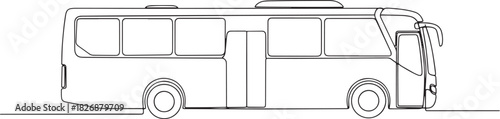 Modern passenger bus line art, side view, public transport vehicle.