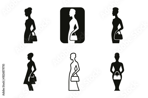 Haute Couture Icon Set. Fashion & Luxury. Icon set. Set Logo of haute couture: silhouette of model with designer handbag. harmonious logo variations of the