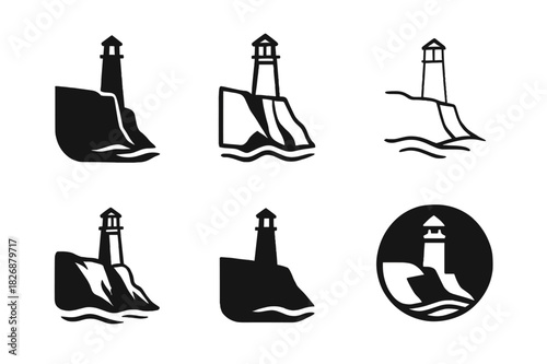 Coastal Cliffs Logos. Coastal cliffs and rugged shorelines. Icon set. Set Logo of Coastal cliffs and rugged shorelines: cliffside lighthouse. harmonious logo