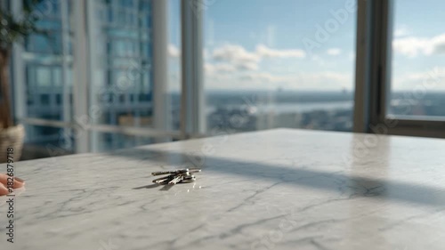 Hand dropping keys on marble table with city view.