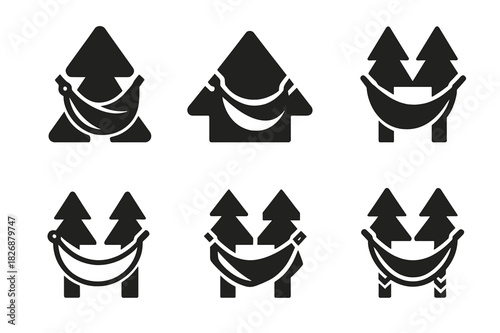 Hammock Logo Variations. Setting up a hammock. Icon set. Set Logo of setting up a hammock: hammock hanging kit illustration. harmonious logo variations of the
