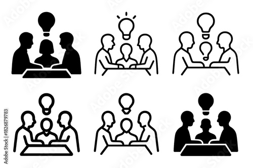 Candid Leadership Icon Set. Candid shots of managers in everyday work settings. Icon set. Set Logo of candid leadership: brainstorming session. harmonious logo