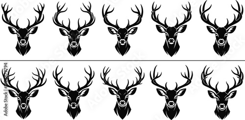 Set of Ten Majestic Deer Stag Head Silhouettes Vector Illustration, Featuring Large Antlers and Detailed Black Monochrome Design, Ideal for Logo, Hunting, and Nature Branding