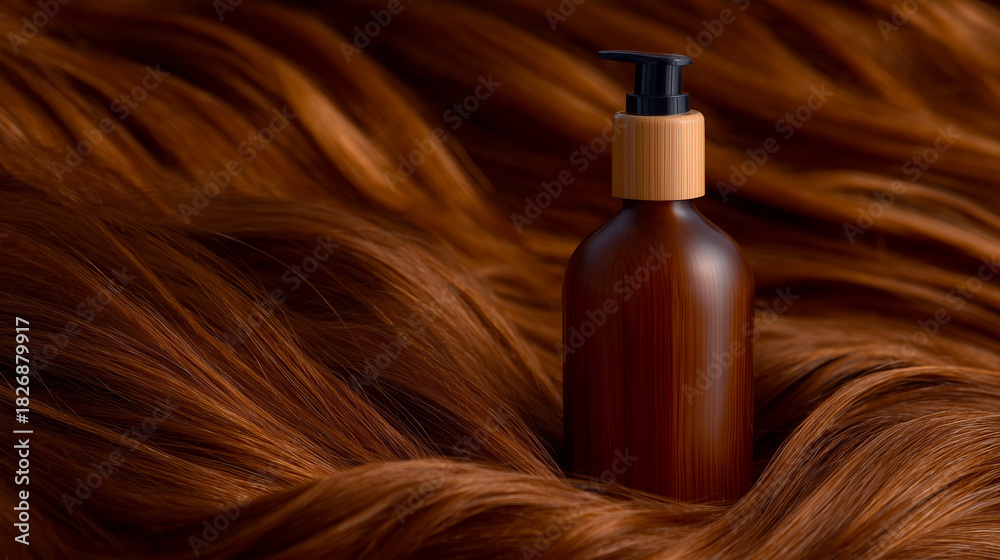 Fototapeta premium Hair care bottle with dispenser surrounded by vibrant chestnut and golden hair strands, soft focus, elegant wellness and self-care aesthetic