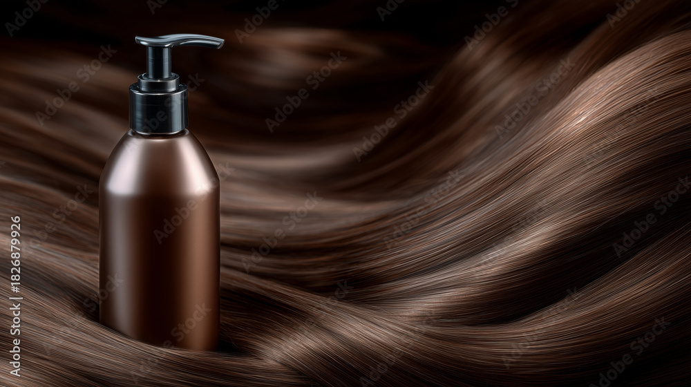 Naklejka premium Sleek hair care bottle with pump dispenser, chestnut brown shiny hair strands flowing beside it, soft studio lighting highlighting smooth textures, professional beauty concept