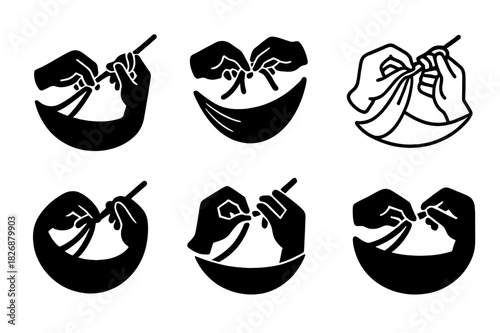 Hammock Setup Icons. Setting up a hammock. Icon set. Set Logo of setting up a hammock: hands tying hammock ropes. harmonious logo variations of the same