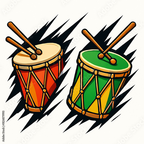 Carnival drums with sticks torn vector slash patterns vivid contrast on white background