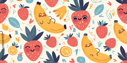 Patrón vectorial de frutas sonrientes y alegres, fresas y plátanos con caras adorables.