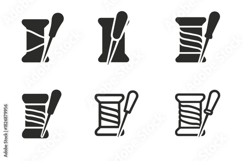 Custom Leathercraft Icons. Leatherworking and creating custom bags. Icon set. Set Logo of leathercraft: thread spool and awl. harmonious logo variations of the