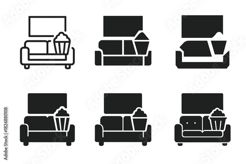 Home Cinema Icons. Watching Your Favorite TV Show or Movie with Popcorn. Icon set. Set Logo of home cinema: sofa, screen, and popcorn bowl. harmonious logo