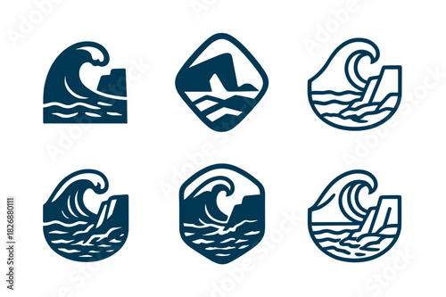 Coastal Cliff Logos. Coastal cliffs and rugged shorelines. Icon set. Set Logo of Coastal cliffs and rugged shorelines: crashing wave on rocks. harmonious logo