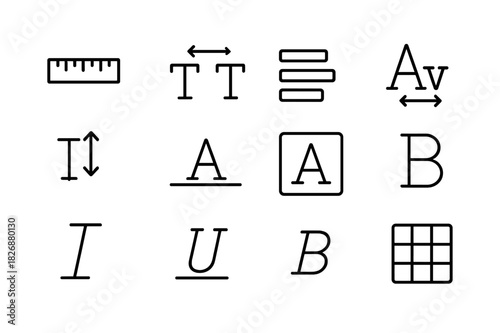 Typography Tools Icons. Typography tools. Line icon set of typography tools: font ruler, letter spacing, alignment, kerning, text size, baseline, letter A