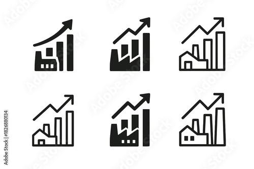Diverse Growth Icons. Developing countries? economic growth. Icon set. Set Logo of Developing countries? economic growth: small manufacturing plant. harmonious