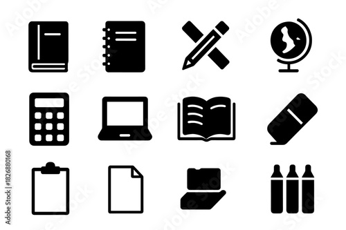 Educational Tools Icons. Learning materials. Solid icon set of Learning materials: textbooks, notebook, pencil, ruler, globe, calculator, laptop, open book,