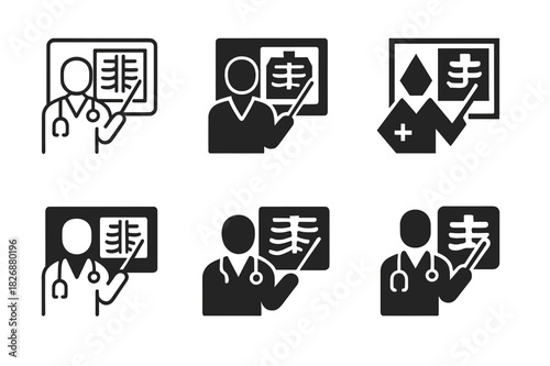 Doctor X-ray Explanations Icons. Doctor explaining X-ray results. Icon set. Set Logo of Doctor explaining X-ray results: doctor with pointer indicating chest