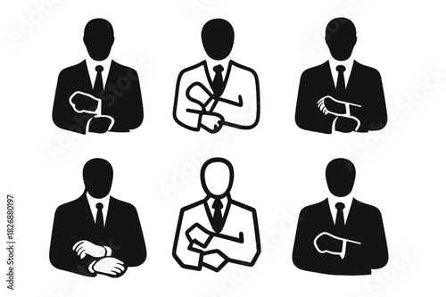 Suit Logo Variations. Wearing suit. Icon set. Set Logo of wearing suit: person silhouette straightening cuffs on blazer. harmonious logo variations of the same