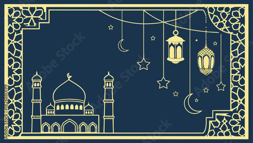 Illustration of mosque with lanterns and stars