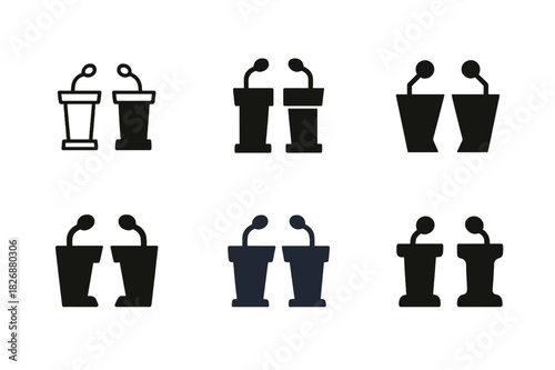Debate Icon Set. Argumentation. Icon set. Set Logo of Argumentation: opposing debate podiums with microphones. harmonious logo variations of the same