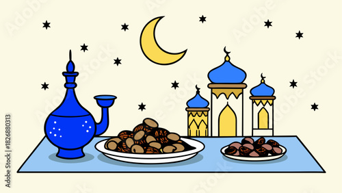 Ramadan iftar scene with dates and decorations