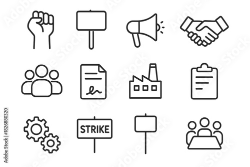 Union Symbols Icons. Union Symbols. Line icon set of Union Symbols: raised fist, protest sign, megaphone, handshake, group of people, contract, factory