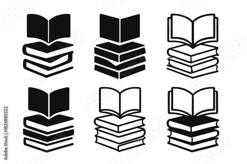 Novel Icon Variations. Pile of novels. Icon set. Set Logo of pile of novels: Open book on top of pile. harmonious logo variations of the same emblematic