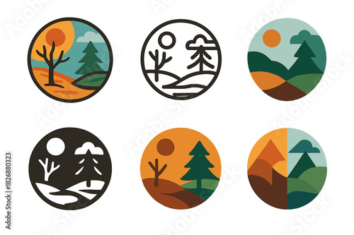 Climate Emblem Surreal Art. Climate change visualizations in surreal art. Icon set. Set Logo of climate change visualizations in surreal art: half desert half