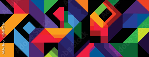 Fondo abstracto vectorial con un patrón geométrico vibrante de formas superpuestas en una paleta de colores brillantes y modernos.