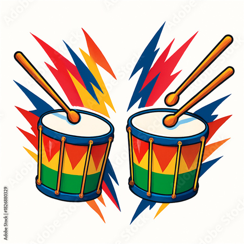 Carnival drums with sticks torn vector slash patterns vivid contrast on white background