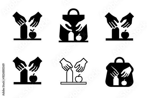 Groceries Icon Grid. Putting groceries away. Icon set. Set Logo of putting groceries away: hands transferring items from bag to counter. harmonious logo