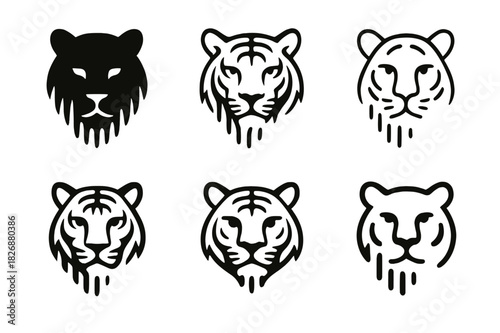 Wildlife Protection Logos. Endangered species. Icon set. Set Logo of wildlife protection: tiger face with fading stripes. harmonious logo variations of the