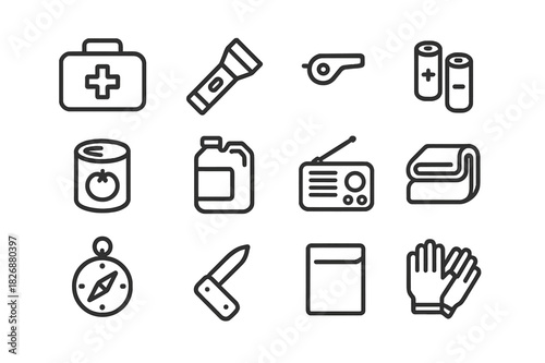 Emergency Prep Icons. Emergency preparedness. Line icon set of emergency preparedness: first aid kit, flashlight, whistle, batteries, canned food, water jug,