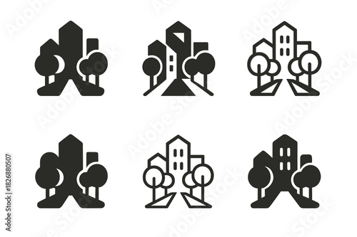 Sustainable Urban Logos. Green cities. Icon set. Set Logo of sustainable urbanism: tree-lined streets. harmonious logo variations of the same emblematic
