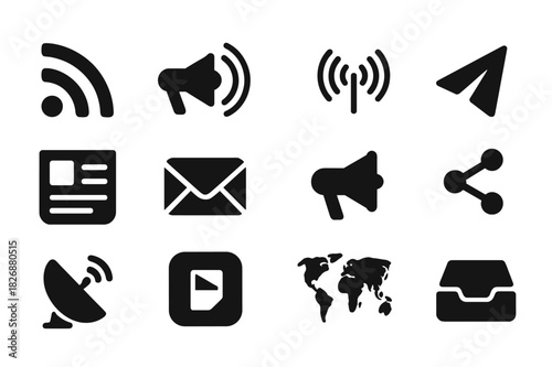 News Distribution Icons. News Distribution. Solid icon set of News Distribution: RSS feed, loudspeaker, radio wave, paper plane, newsletter, email, megaphone,