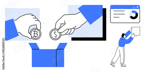 Cryptocurrency concept. Bitcoin and dollar coin contributions with financial management motifs. Cryptocurrency highlights modern transactions and digital economy growth. Use for fintech, e-commerce