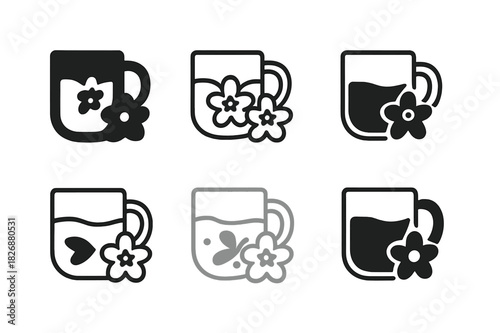 Edible Flower Logos. Cooking with edible flowers. Icon set. Set Logo of cooking with edible flowers: flower-infused beverage. harmonious logo variations of the