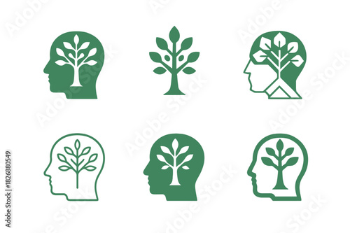 Mental Health Logos. Mental health. Icon set. Set Logo of mental health: mind growth tree. harmonious logo variations of the same emblematic concept, each with