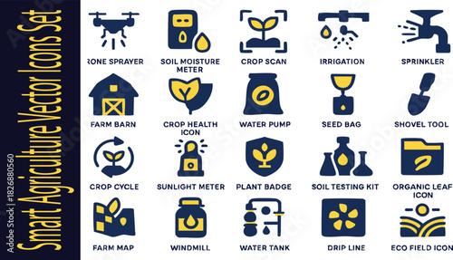 Smart Agriculture Icons Set: A comprehensive collection of agriculture-related icons, perfect for representing modern farming and agricultural concepts, conveying precision, innovation.
