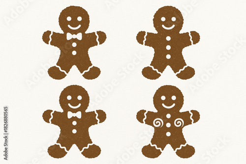 Christmas gingerbread man icons torn vector ripped style with bowtie buttons candy on white background