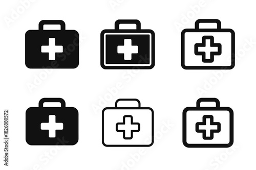 First Aid Icons. First aid training courses. Icon set. Set Logo of first aid: first aid kit with cross. harmonious logo variations of the same emblematic