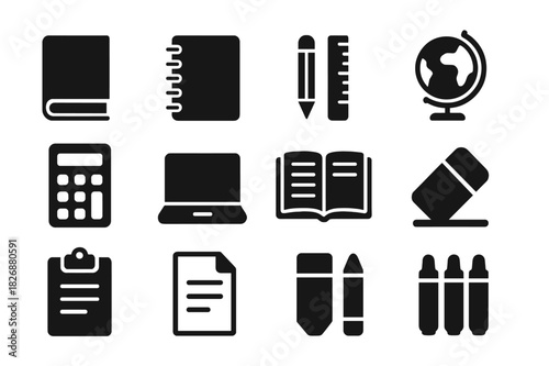 Educational Tools Icons. Learning materials. Solid icon set of Learning materials: textbooks, notebook, pencil, ruler, globe, calculator, laptop, open book,