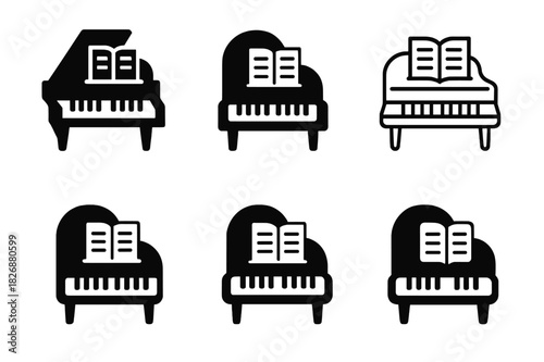 Theater Rehearsal Icons. Theater rehearsal scene. Icon set. Set Logo of Theater rehearsal scene: rehearsal piano with sheet. harmonious logo variations of the