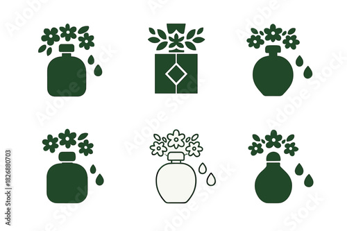 Summer Floral Logos. Flower crown and summer accessories. Icon set. Set Logo of seasonal style: perfume bottle and petals. harmonious logo variations of the