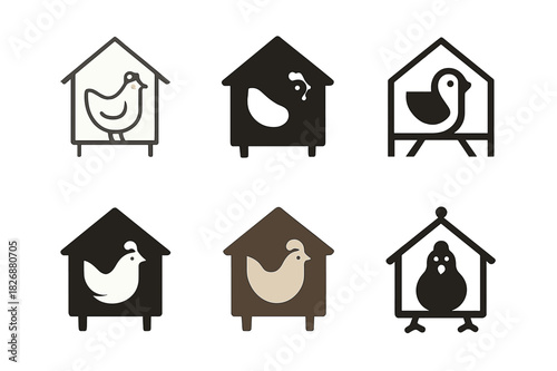 Chicken Coop Logos. Chicken Coop. Icon set. Set Logo of Chicken Coop: hen house. harmonious logo variations of the same emblematic concept, each with different