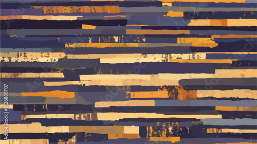 Patrón vectorial abstracto contemporáneo con capas de franjas horizontales, texturas rugosas y una rica combinación de colores azul, amarillo y naranja.